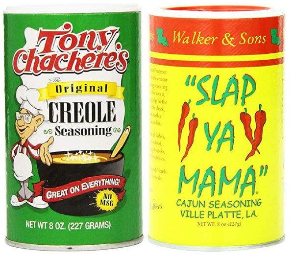 Louisiana Favorites No MSG Cajun Creole Seasoning Bundle - 1 each of Tony Chachere's Original Creole and Slap Ya Mama Cajun Seasonings (8 Ounces each)