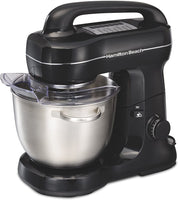 Hamilton Beach Electric Stand Mixer, 4 Quarts, Dough Hook, Flat Beater Attachments, Splash Guard 7 Speeds with Whisk, Black with Top Handle