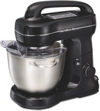 Hamilton Beach Electric Stand Mixer, 4 Quarts, Dough Hook, Flat Beater Attachments, Splash Guard 7 Speeds with Whisk, Black with Top Handle