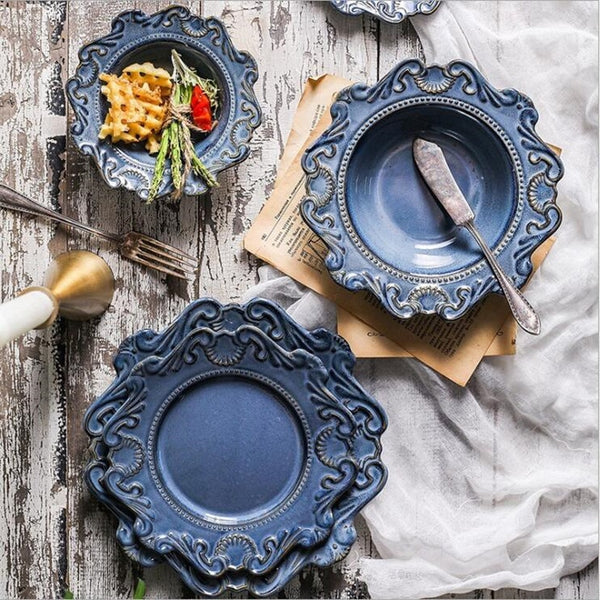 Blue And White Antique Relief Ceramic Dinner Plate Set