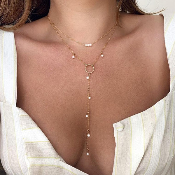Long Multilayered Pearl Pendant Necklaces